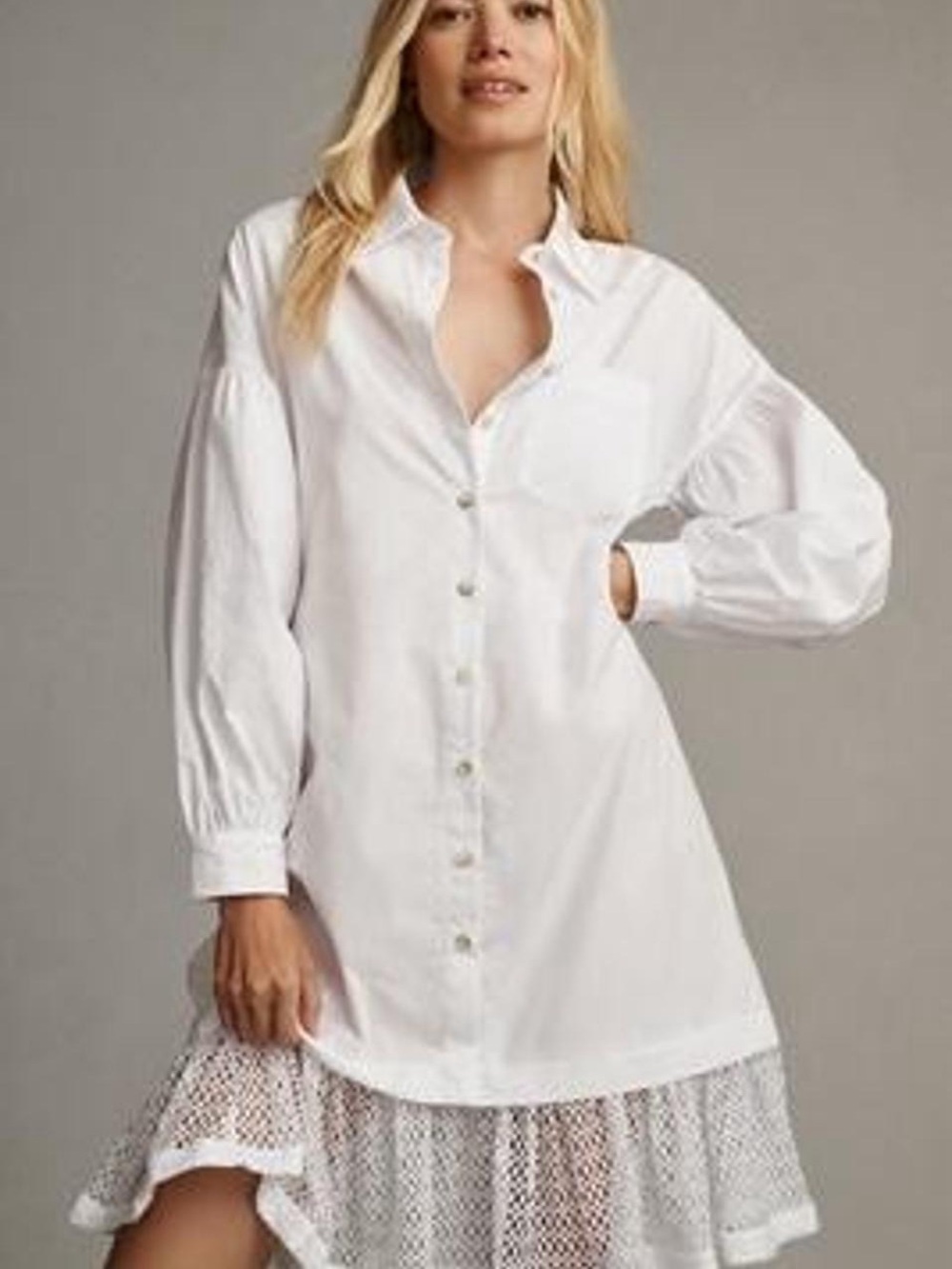 Anthropologie White Button-Front Midi Shirt Dress with Lace Hem